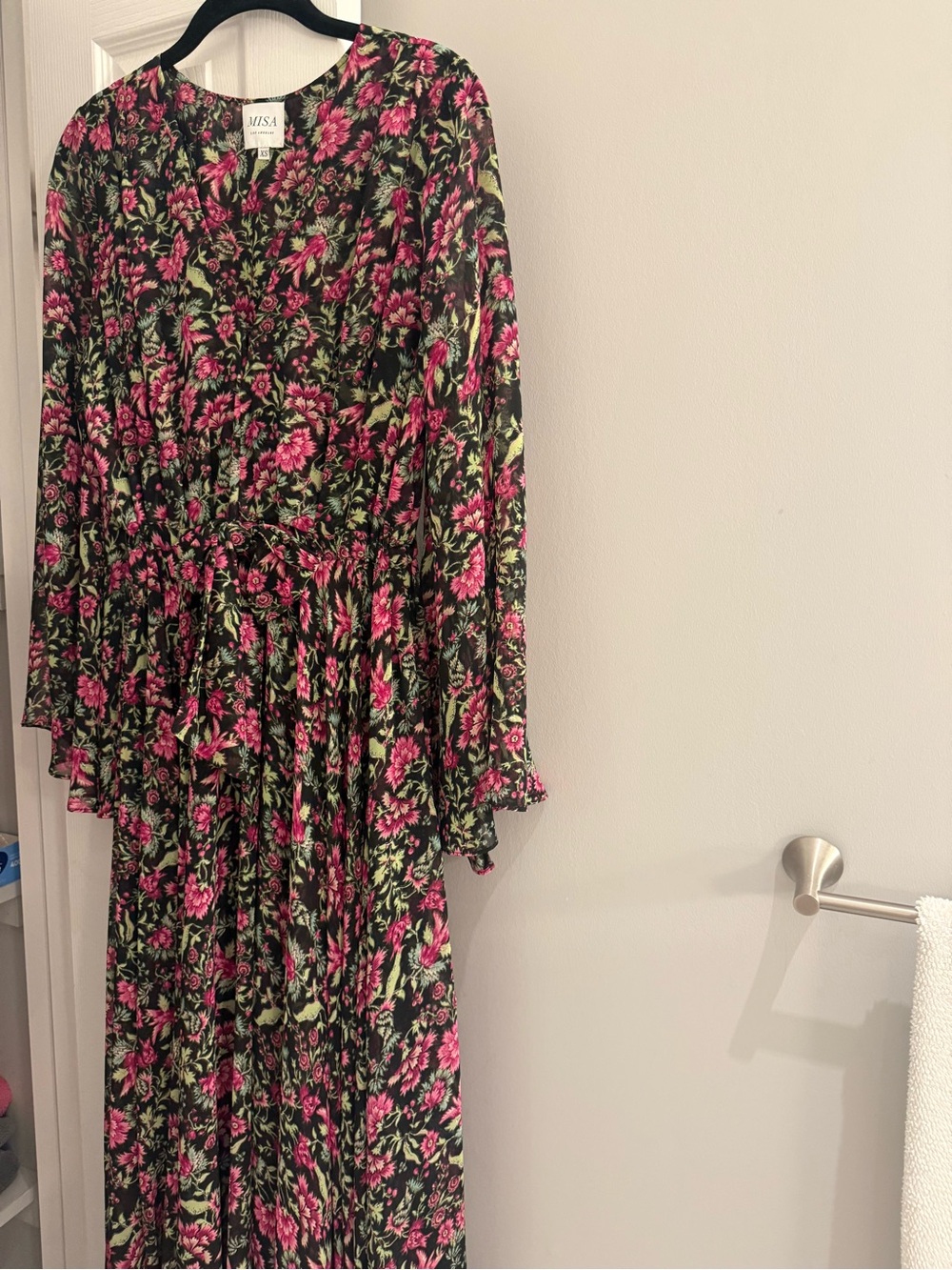 Misa Los Angeles Black Floral Maxi Dress with Pink & Green Print